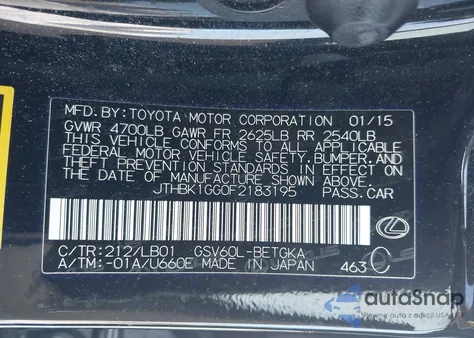 2015 Lexus Es 350 from USA, damaged, VIN JTHBK1GG0F2183195